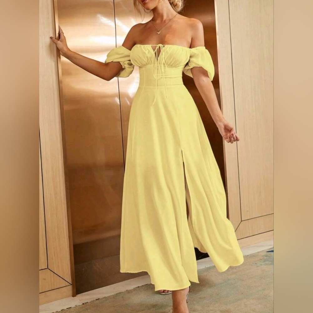 New Vintage Look Tie Ruched Top Split Maxi Dress Yellow